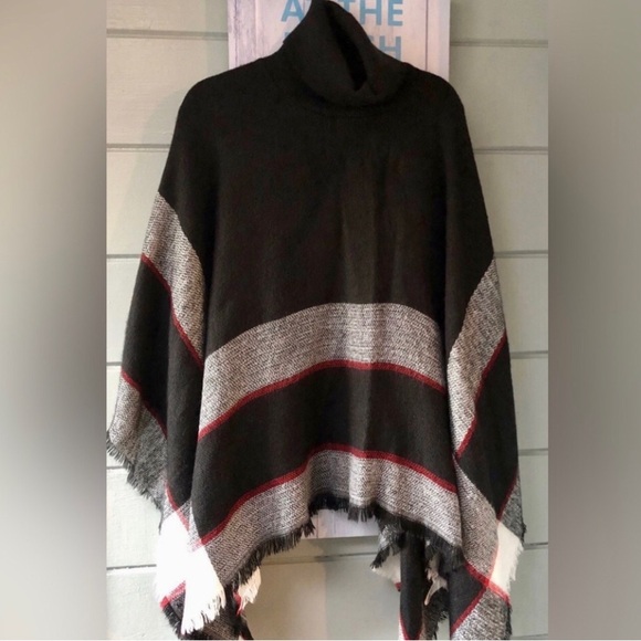 Lulus black striped turtleneck poncho shawl sweater w/ fringe edge OS 🎊SALE - Picture 14 of 14